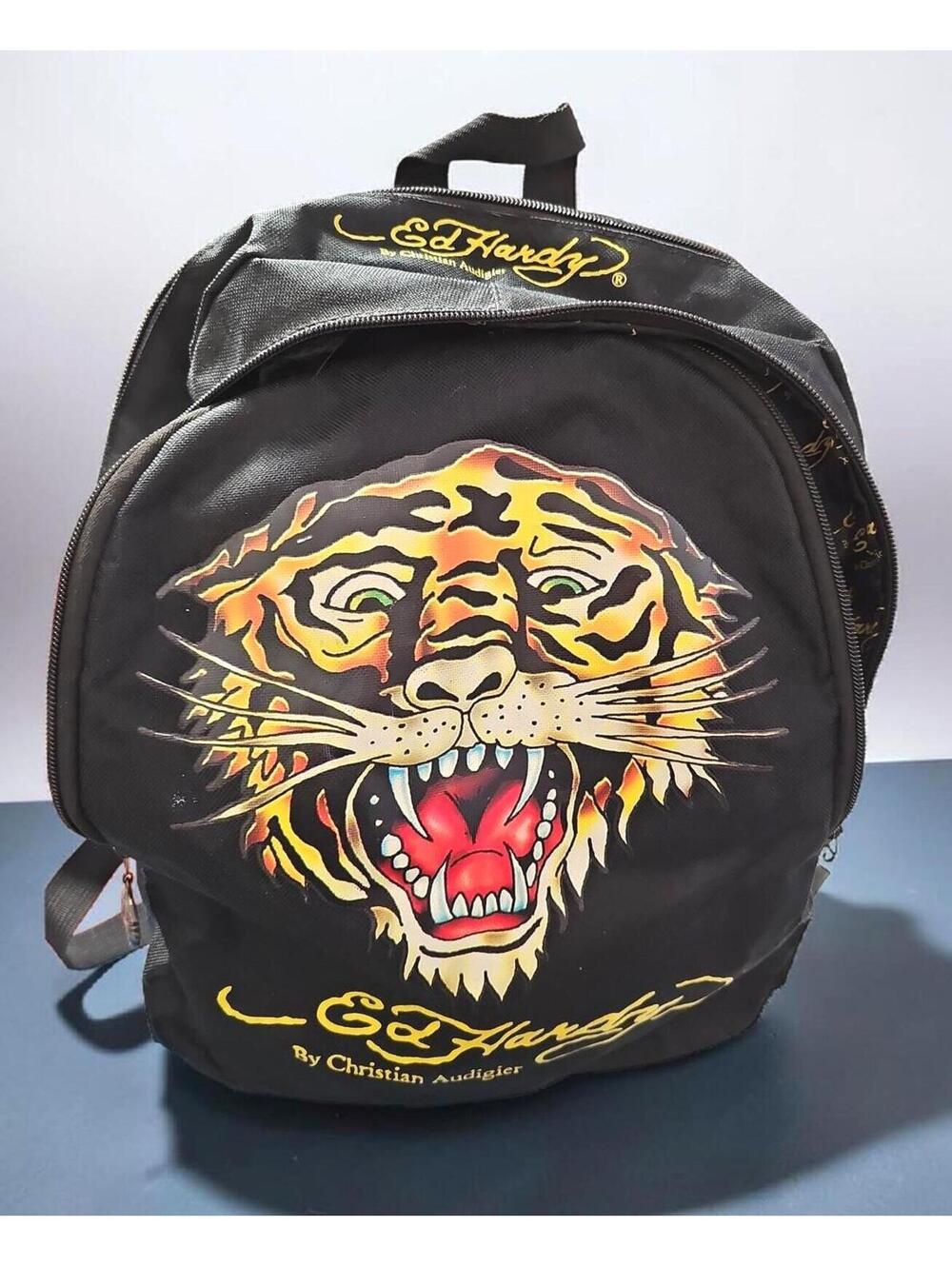 Ed Hardy Tiger Backpack  Y2K – Black/Yellow – Preowned – Missing 3 Zipper Pulls
